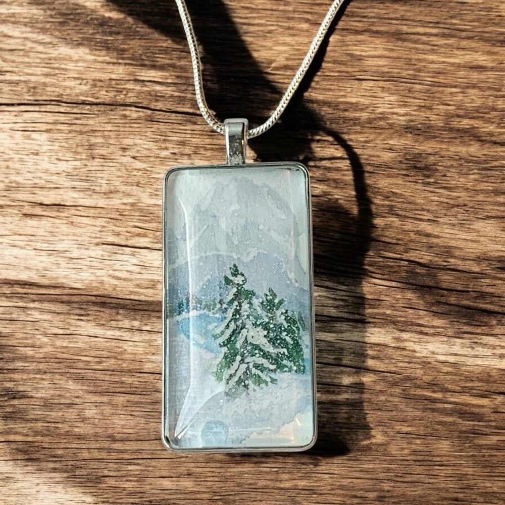 Silver Pendant with Original Watercolor Winter Scene